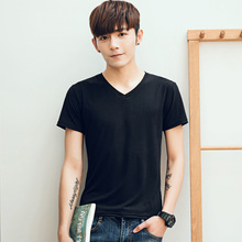 男士短袖t恤男装韩版V领夏季上衣修身纯色男式打底衫半袖一件代发