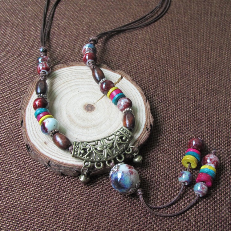 民族风手工原创陶瓷项链女毛衣链长款挂饰景德镇陶瓷饰品厂家批发|ru