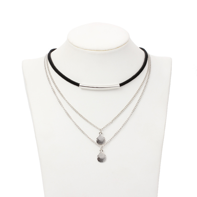 12g Weight Necklace Classification Wedding, Travel Occasion Printing Pattern Women'S Gender Gold, Silver Color Korean Velvet Multi-layer Chain Choker Metal Shell Lace Alloy Necklace Jewelry 4