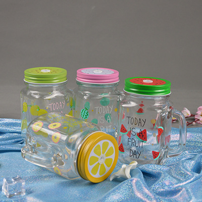 梅森杯公鸡杯果汁杯卡通图案把子杯玻璃饮料瓶甜品奶茶店水果盖子