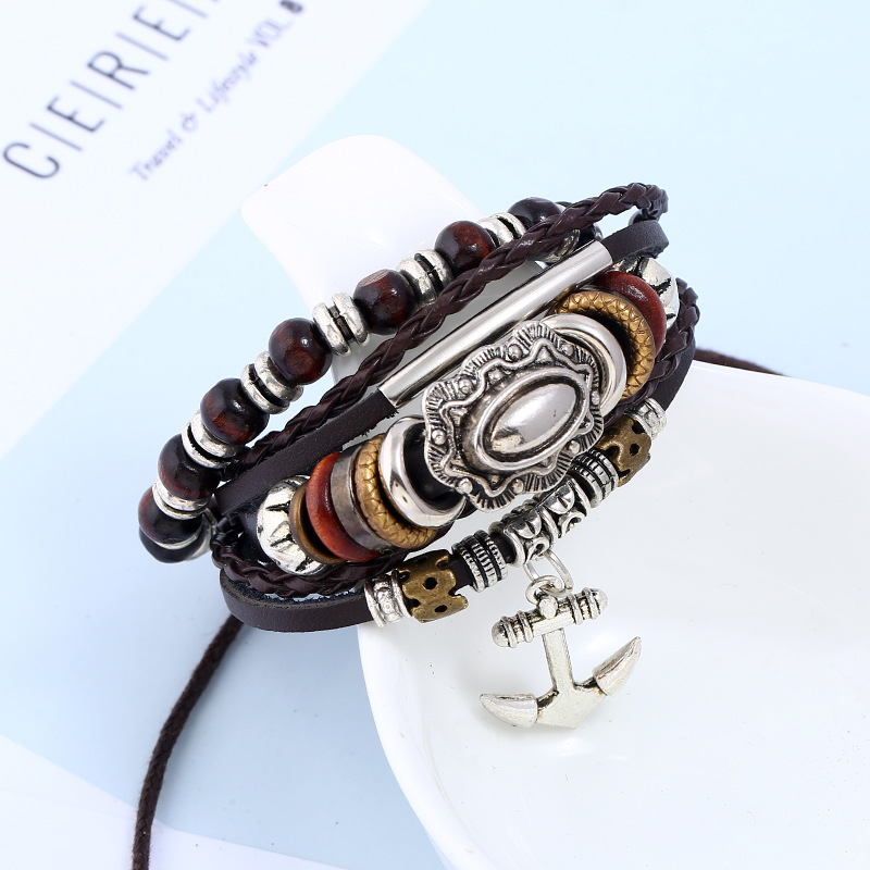 Alloy hand beaded leather bracelet