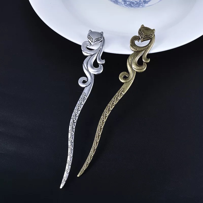 DIY合金飾品配件 古風發钗狐狸花紋書簽簪子材料發簪材料複古發飾