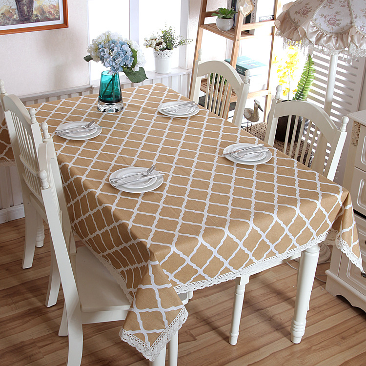 Polyester-cotton Modern Simple Geometric Diamond Pattern With Lace Edges, Yellow Coffee Table Dining Tablecloth,_voghion.com