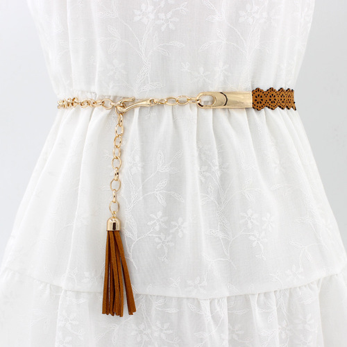 Women's ethnic style tassel metal hook chain waist dress skirt belt women's decorative thin belt embossed one piece drop shipping