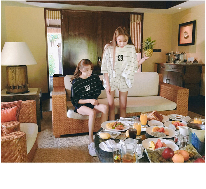 帮手描述图：新款韩版休闲宽松显瘦夏季韩版女款纯黑色两件睡衣套