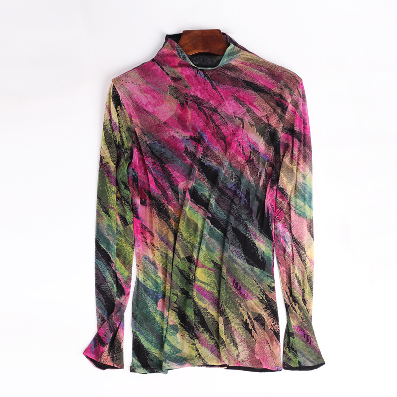 Womens Silk Mesh Mock Neck Long Sleeve T Shirt Double Layer Lightweight Soft Fabric Perfect for Spring and Autumn