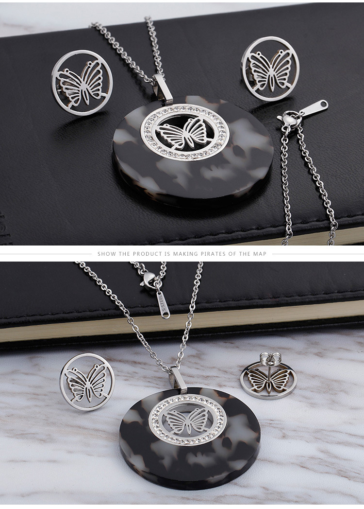 wholesale fashion stainless steel diamond round gold butterfly necklace earring set ornaments