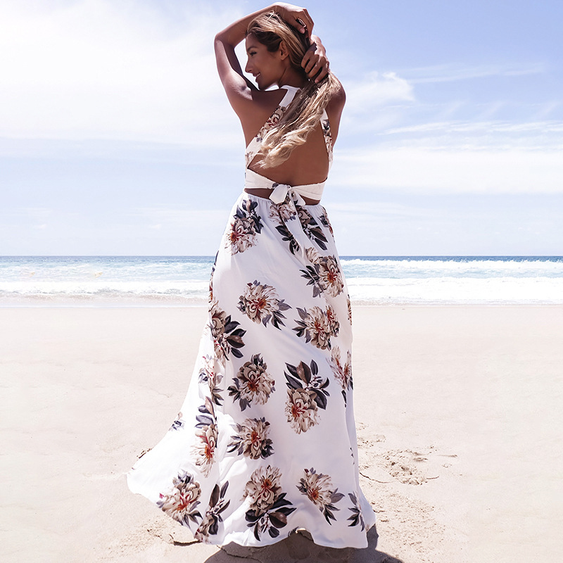 Floral print halter chiffon long dress Women's backless maxi dresses Sexy split beach dress