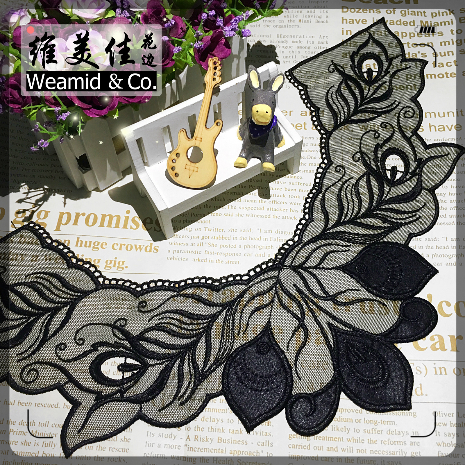 维美佳厂家直销 涤光丝水溶刺绣镂空领花 黑色色丁布水溶蕾丝衣领