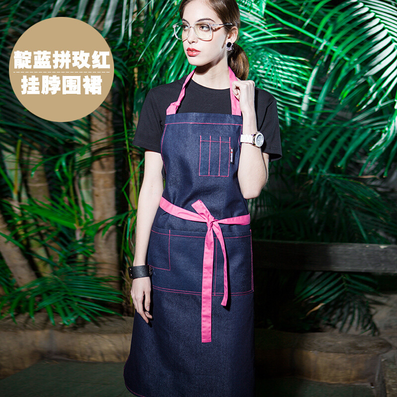 Estilo coreano de mezclilla delantal de trabajo de media longitud Cafetería Restaurante occidental pintura hombre y mujer camarero ropa de trabajo delantal de moda
