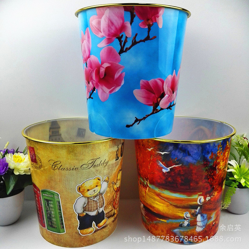 Factory wholesale exquisite fashion plastic trash can creative golden edge without lid household cartoon landscape surface trash can