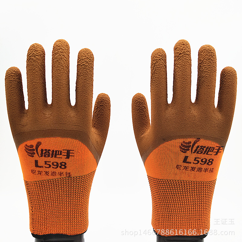 批发搭把手L598尼龙乳胶发泡手套毛圈半挂建筑劳保耐磨防滑
