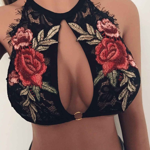 Sexy embroidered lace embroidered top with floral bra