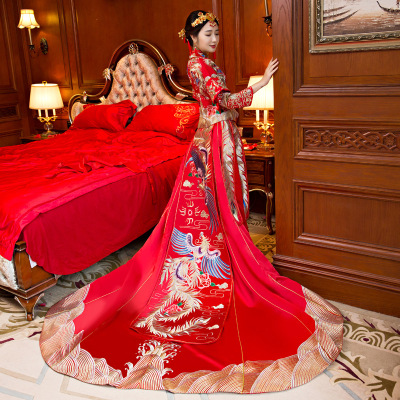新娘婚纱_2019新款长中式敬酒礼服红色长旗袍