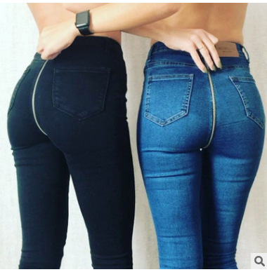 Hot Autumn and Winter Sexy European and American Butt-revealing Personalized Back Zipper Nightclub Cotton Slim Black Denim Pants
