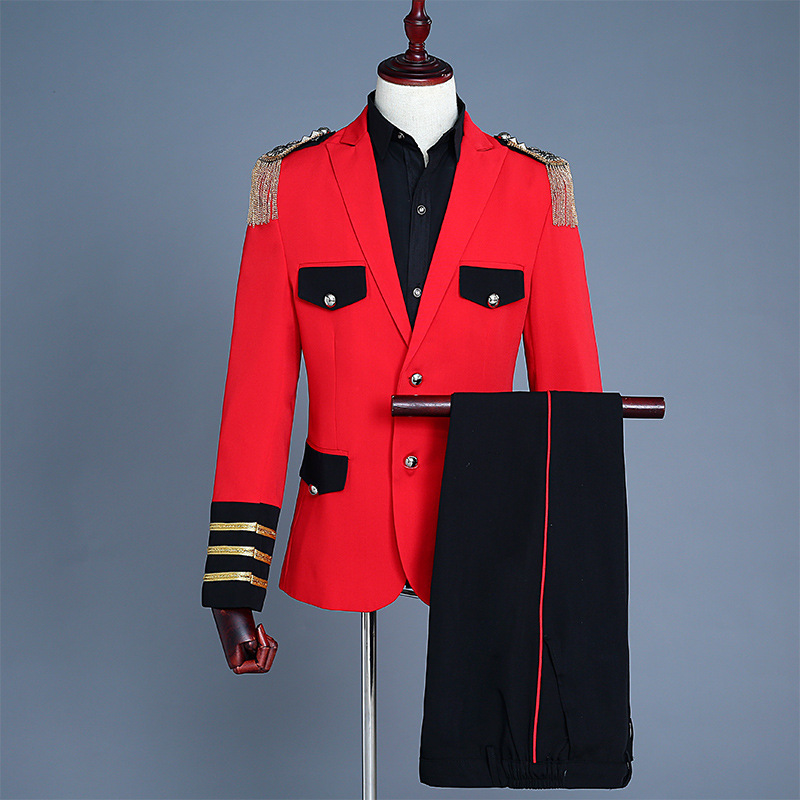 men's jazz dance suit blazers Men red ribbon shoulder band military