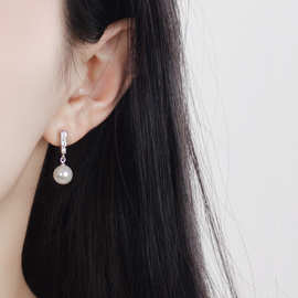 s925纯银耳钉珍珠镶钻时尚韩式耳环 一字贝珠简约耳饰 8457
