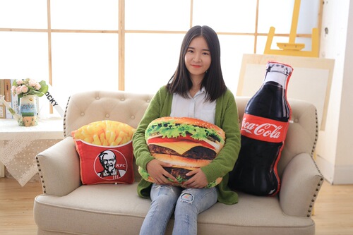 Customized printed simulated hamburger, tomato sauce, cola, pizza, instant noodles, snacks, plush toys wholesale