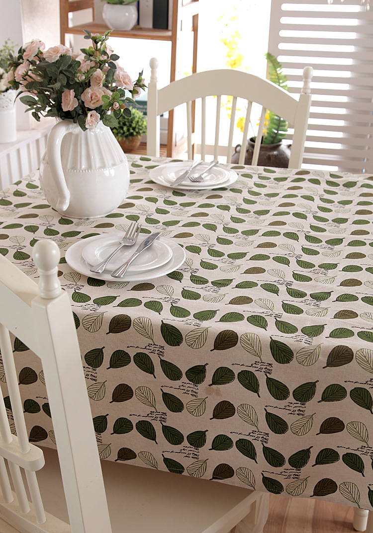 Pastoral Style Green Leaf Print Polyester Cotton Tablecloth_voghion.com