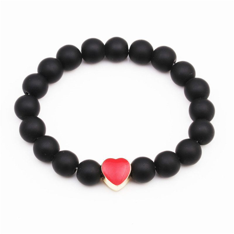 Natural Stone Red Heart Beaded Bracelet 10mm Natural Matte Black Matte Bracelet display picture 1