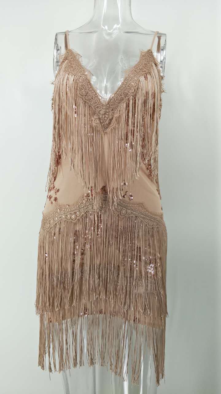 European And American Women's Fashion New Tassel Embroidery Sequin Sexy Backless Deep V Neck Dress_ecoleips.com
