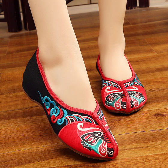 2020 Embroidered Shoes Wedge Ethnic Style Cloth Shoes Square Dance Shoes Inner Height Women's Spring and Summer Shoes