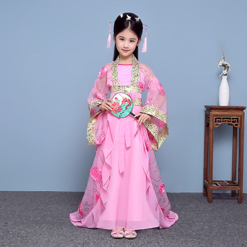 新款儿童贵妃拖尾古装女童唐装公主仙女COS舞台走秀演出服装汉服|ms