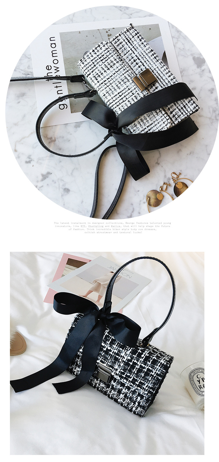 251g Weight Polyester Lining Material Lock clasp Closure Type Single Shoulder Strap Strap Type Shoulder Bag Bags Type Daily Occasion woolen Material Lattice Pattern All Seasons Season Women's Gender Streetwear Style Square Shape Small Size Small Bag For Women New Bags Fashionable Woolen Contrast Color Scarf Handbag Korean Versatile One-Shoulder Crossbody Women's Bag 23