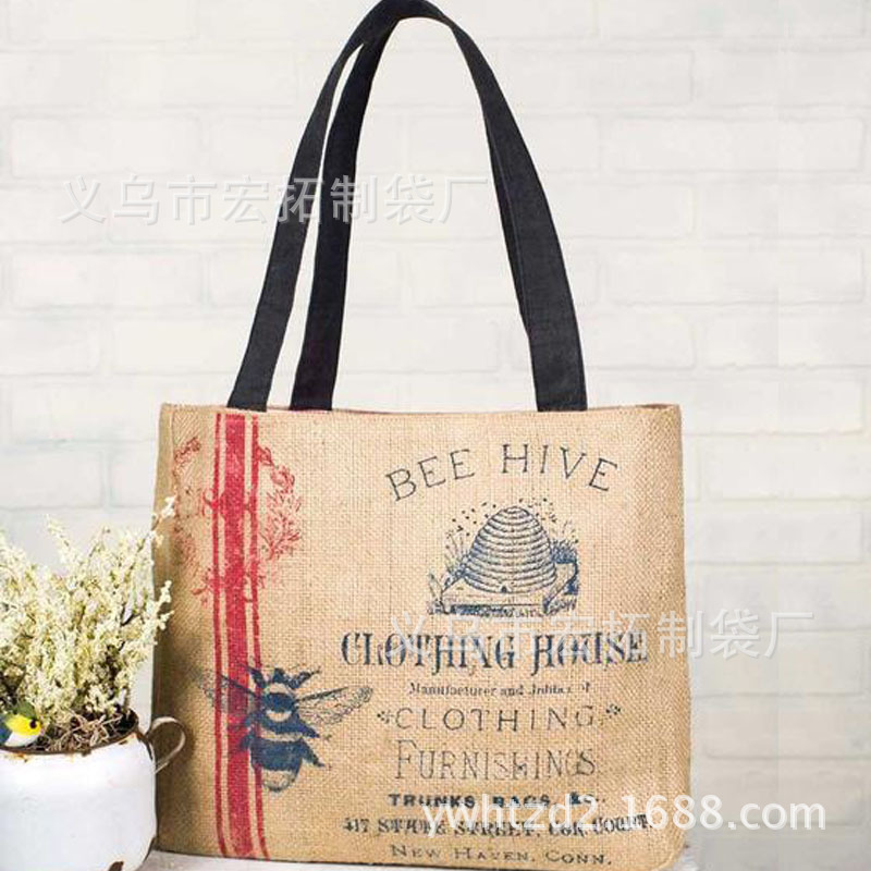 高密度染色麻布袋  高档皮革手提购物袋 环保亚麻布袋