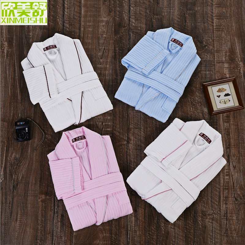 Bathrobe unisex cotton spring thin, lightweight pajama robe with contrast piping