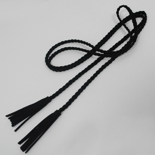 Retro Korean-style versatile matte leather tassel waist rope with round gold ring—delicate woven belt perfect for sweater and skirt accents