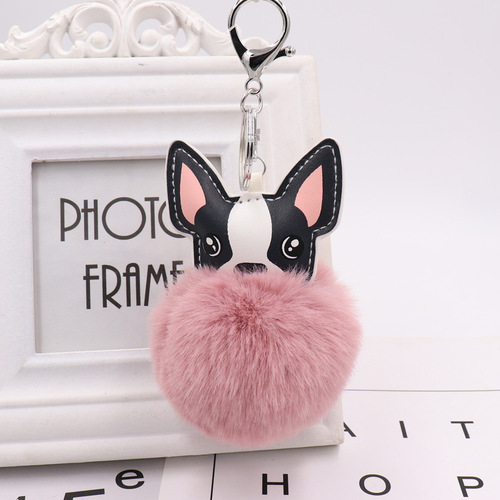Cute puppy fur ball keychain PU leather creative puppy plush bag car pendant promotional small gift