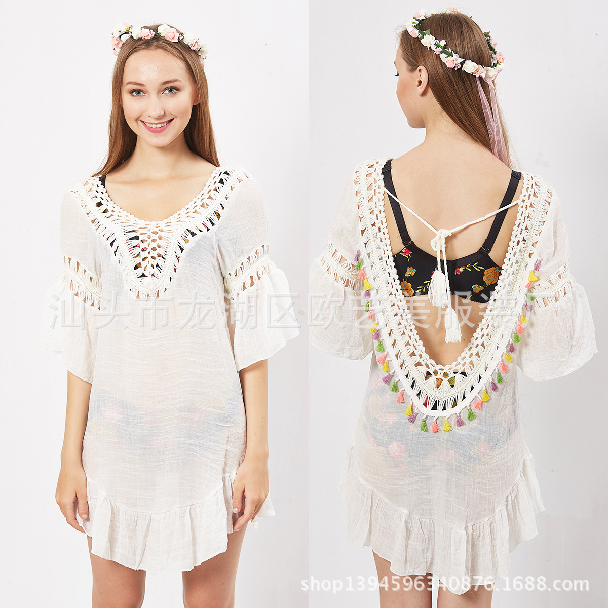 Sexy Bikini Cover Up Colorful Lantern Tassels Hollow Design U Back Tie Closure Beachwear for Summer Wholesale