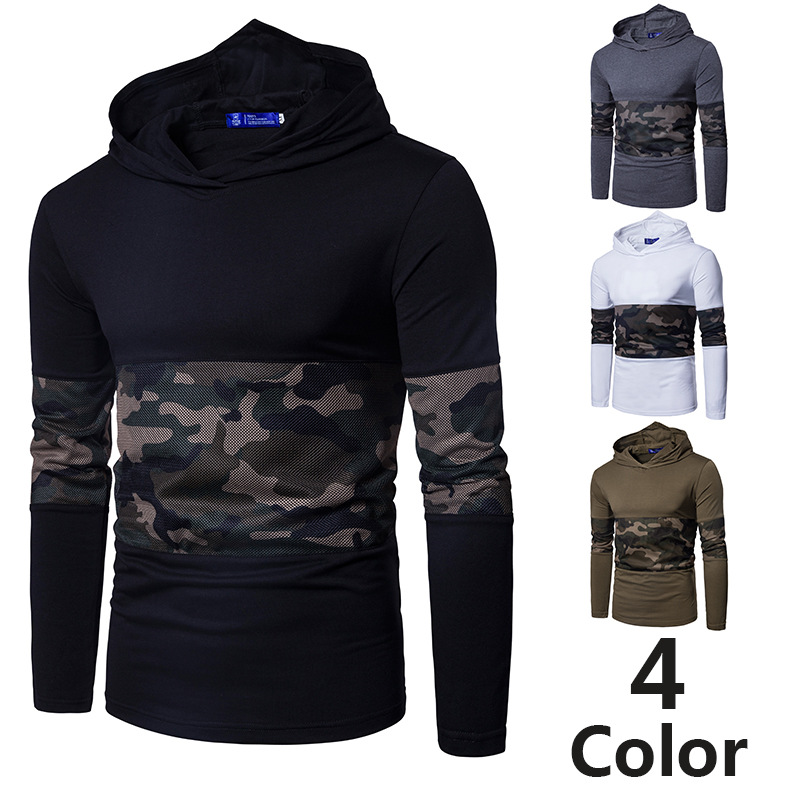 Foreign trade men's autumn and winter new Pullover Hooded camouflage mesh splicing long sleeve t-shirt men's European men's T-shirt