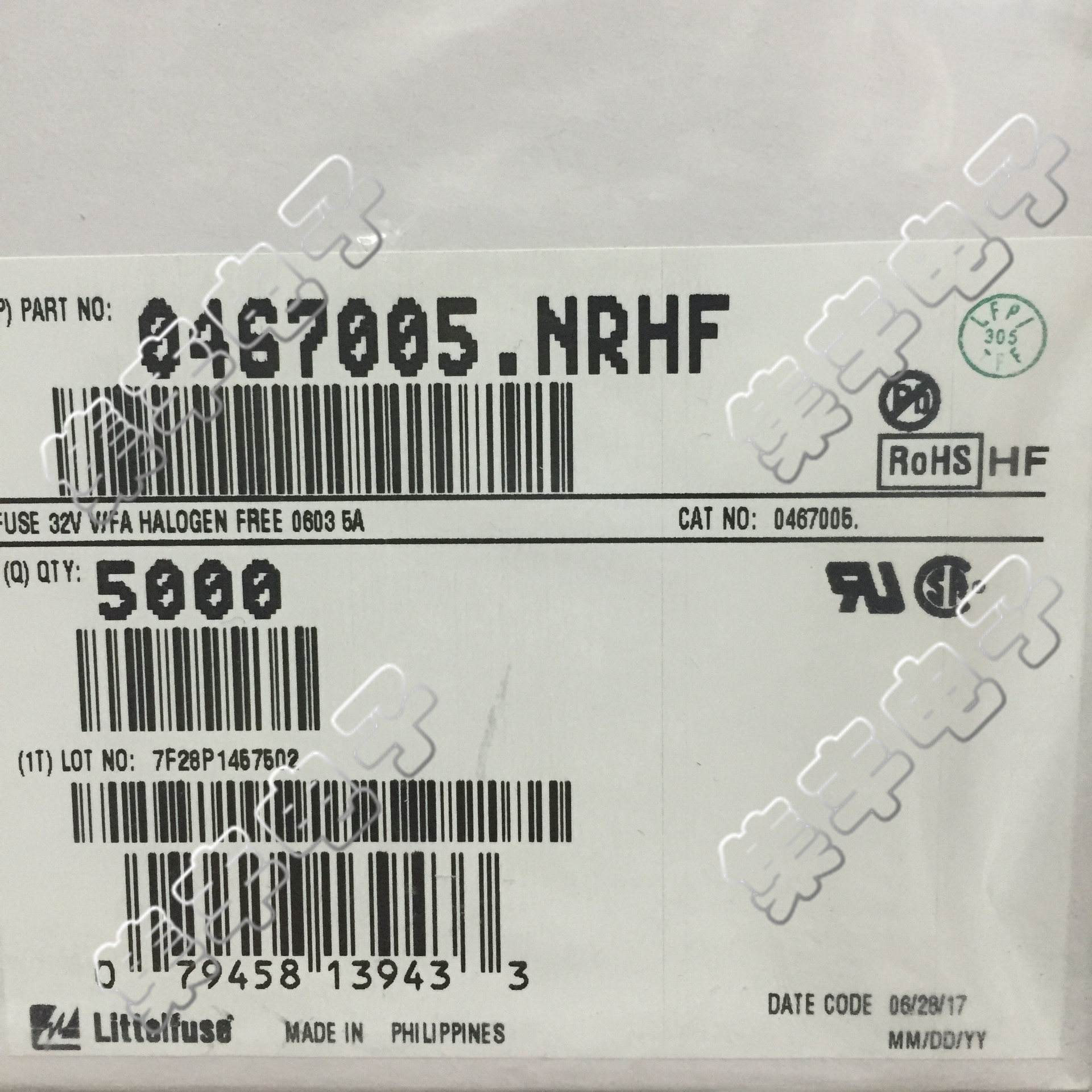 0467005.NRHF 丝印:T 0603 5A 32V 特快溶断贴片保险丝 力特实物