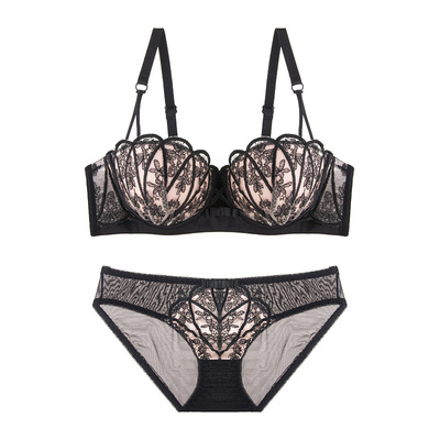 刺绣复古条纹文胸套装性感聚拢上薄下厚蕾丝边酒红色内衣女批发