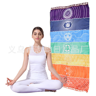 彩虹挂毯瑜伽曼陀羅七彩條紋沙灘巾流蘇裝飾牆背景布壁毯