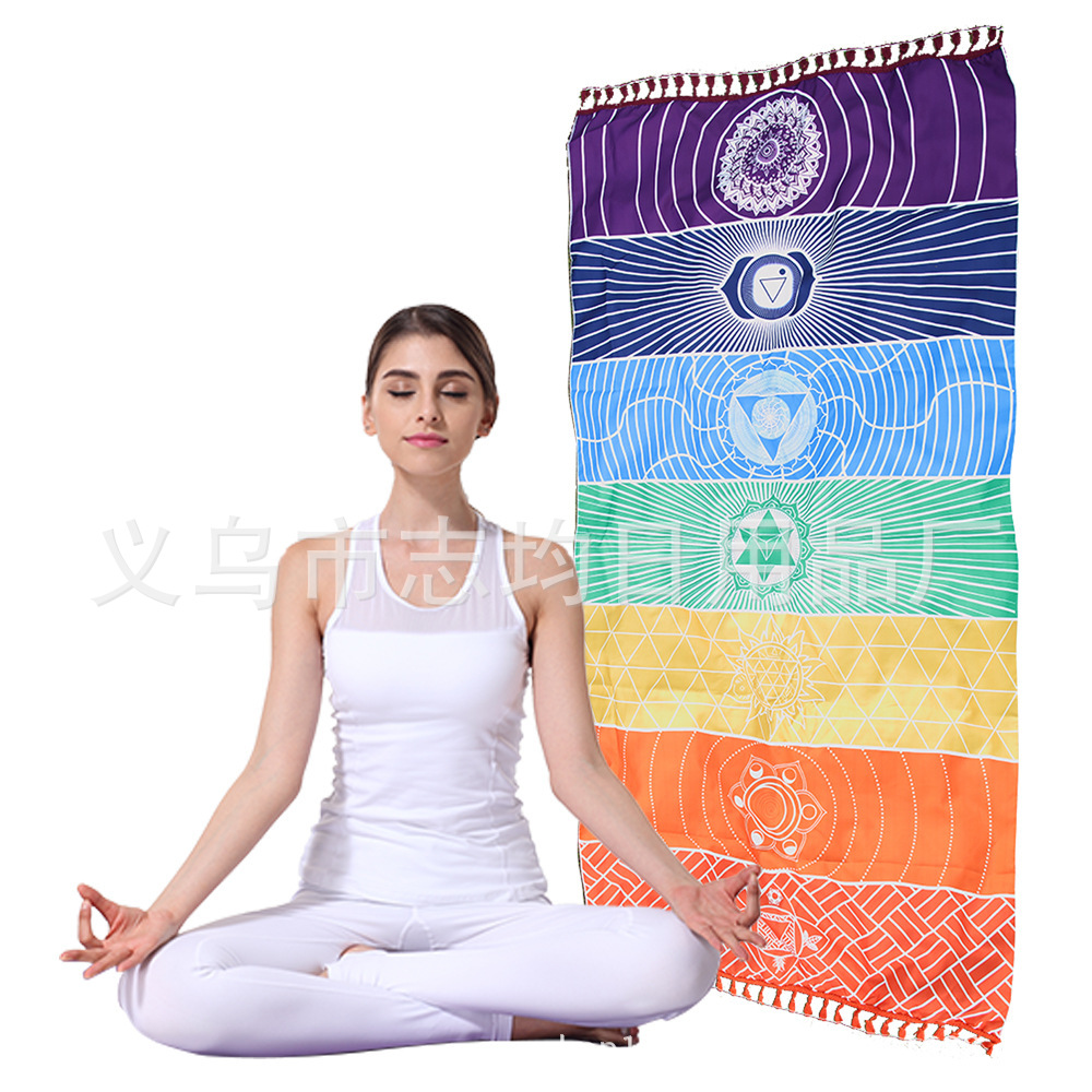 彩虹挂毯瑜伽曼陀羅七彩條紋沙灘巾流蘇裝飾牆背景布壁毯