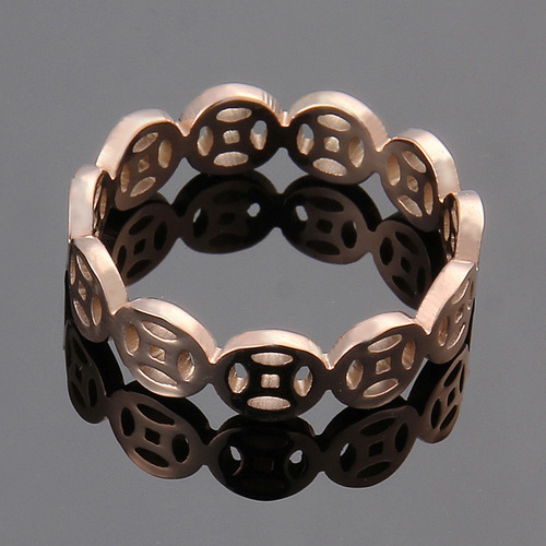 Custom Factory Titanium Steel Ring with Ancient Copper Coin Pattern for Women, Rose Gold Plated Titanium Steel Ring Wholesale