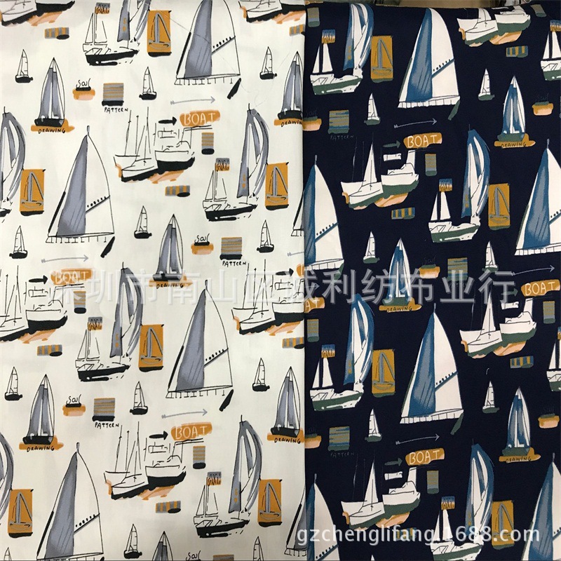 全棉平纹印花 帆船字母图案 衬衫印花面料 沙滩图印花布 童装印花