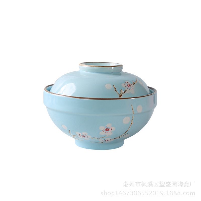 用餐具_樱花带盖面碗 陶瓷创意大号汤碗家用吃饭