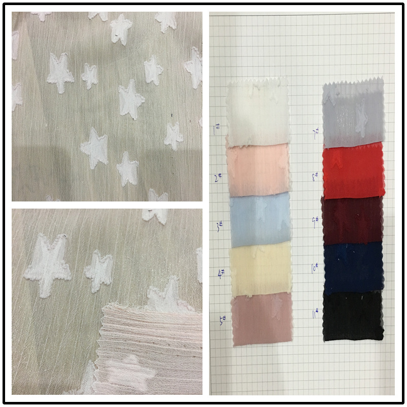 厂家现货供应 新款涤纶连衣裙雪纺剪花星星布料 女装及配饰面料