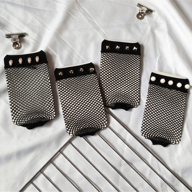 vividzdz Hollow Cross Fishing Grid Short Socks Nails Pearl Socks Perspective Elastic Socks Parent-Child Harajuku Sell Cute Artifact