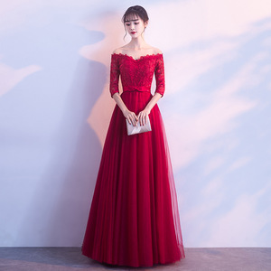 One word shoulder bridal toast new red wedding Korean wedding evening dress ladies elegance long spring long sleeve