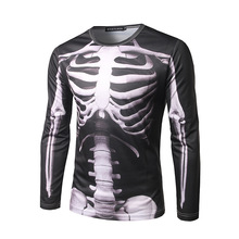 跨境萬聖節服飾男士T恤新款3D透視骨架立體印花長袖圓領T恤 CT346