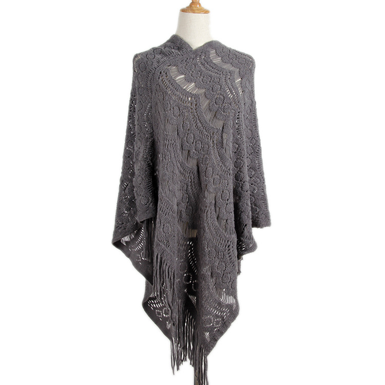 Mid-length crochet patterned hollowed-out irregular fringe pullover sweater women's cape cape sweater_voghion.com
