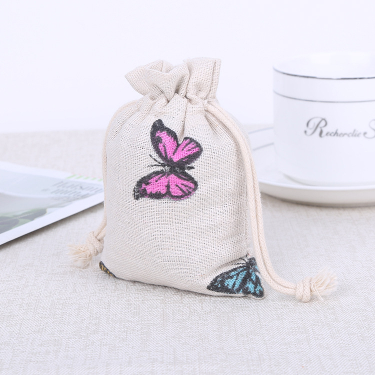 现货彩色蝴蝶印花首饰棉麻布束口袋  空香包袋子收纳食品袋批发