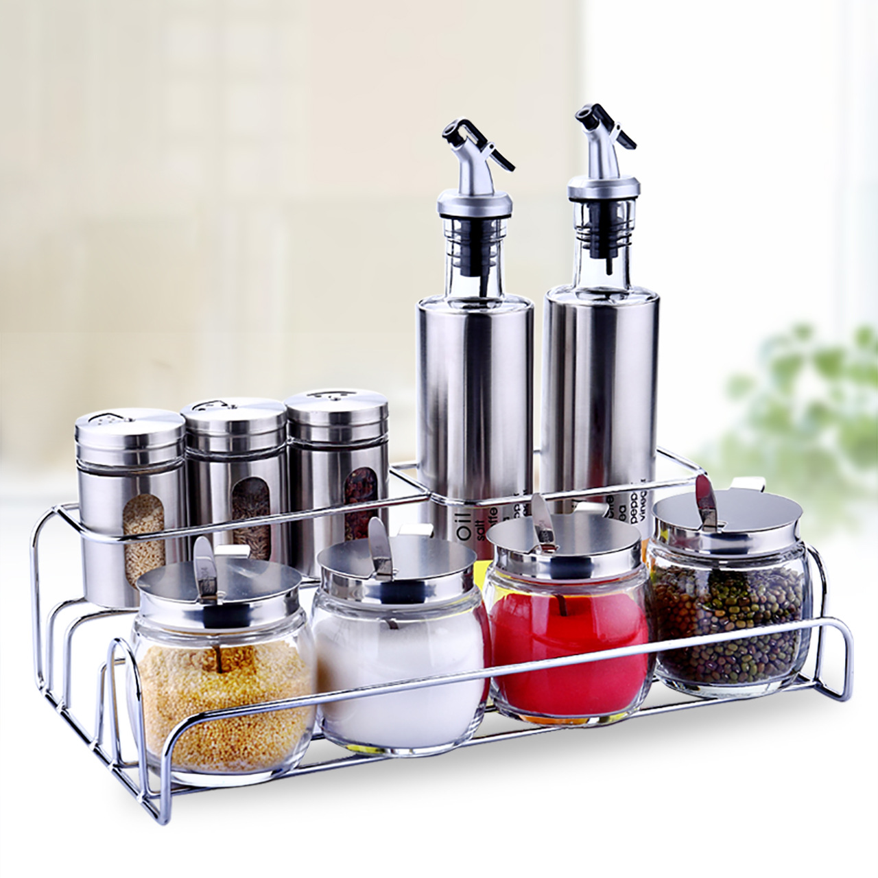爱乐优 厨房用品玻璃调料盒套装带架送勺调料瓶翻盖调味罐油醋壶|ms