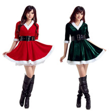 圣诞节服饰绿色V领圣诞裙加绒显瘦圣诞节连衣裙日本可爱圣诞服装
