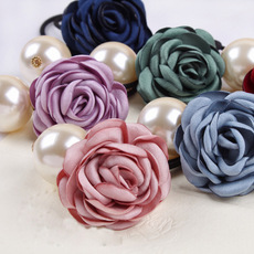 萌光新款 布艺珍珠头绳发圈扎头发皮筋烧花发饰品时尚玫瑰花头饰